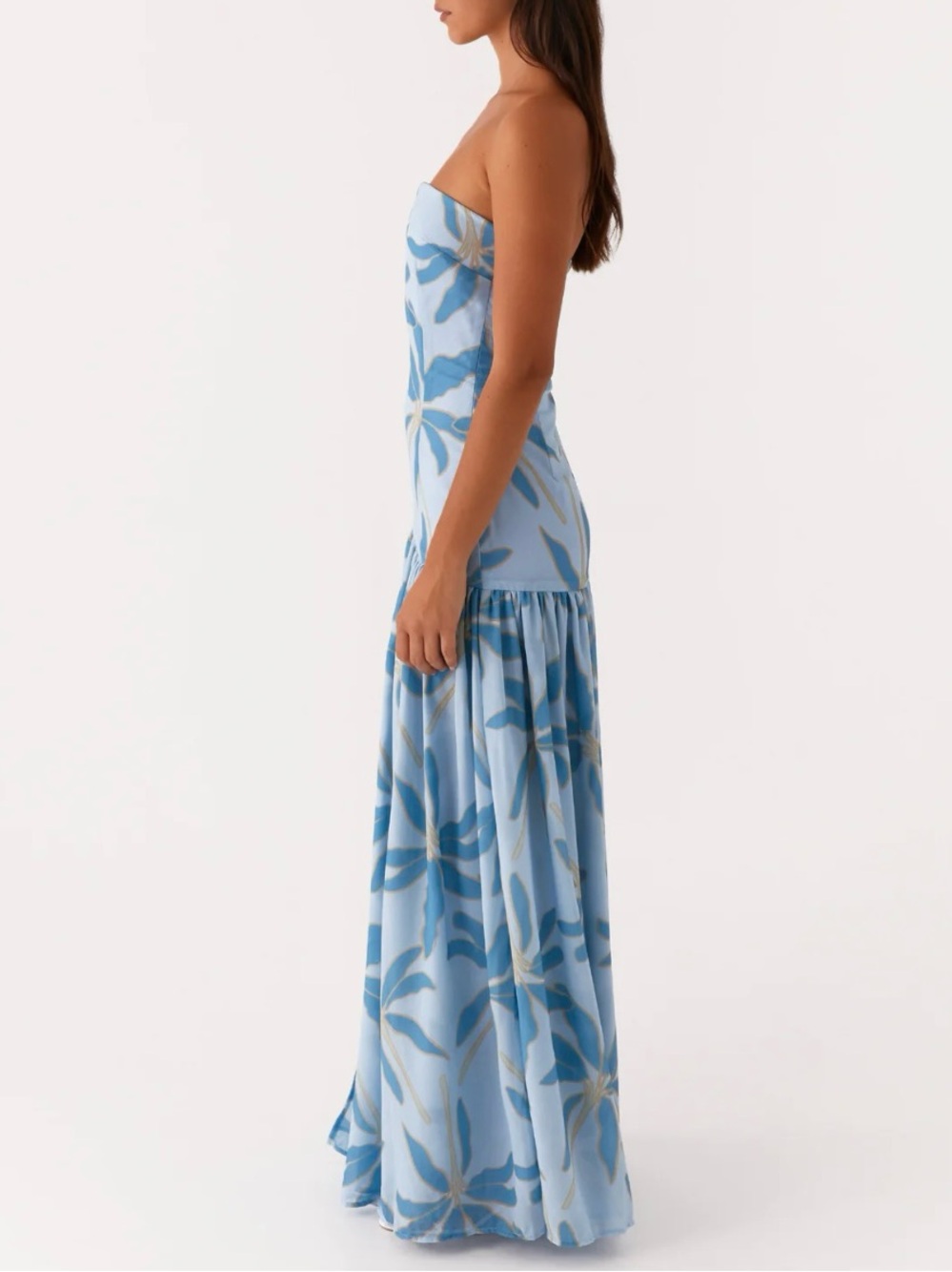 Peppermayo Eden Strapless Maxi Dress Strapless Maxi Dress in Opulent Blue w Slit - Picture 3 of 7